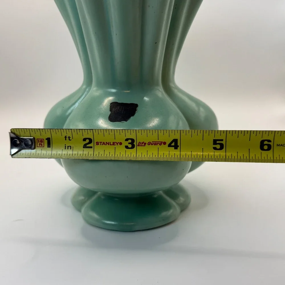 Vintage Camark Pottery Seafoam Green Ruffled Vase Lobed Base Mid Century MCM